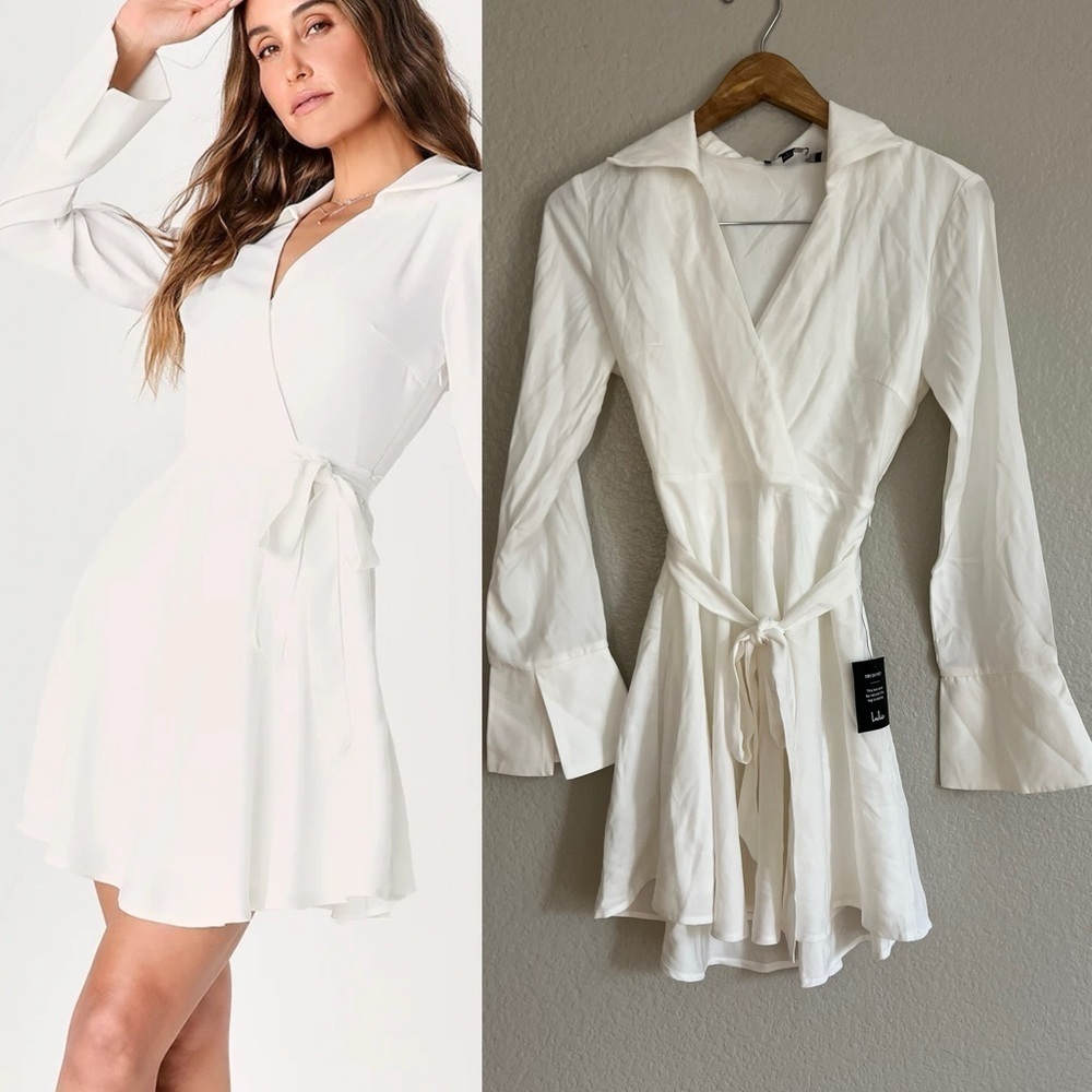 Endless Charm White Collared Long Sleeve Mini Dress